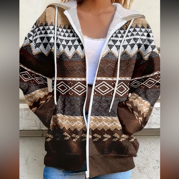 Aztec Print Long Sleeve Drawstring Pocket Hoodie Fashion Hoodies for Women - Picture 1 of 7